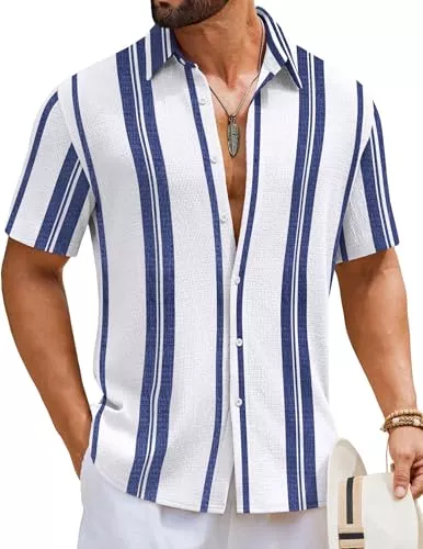 COOFANDY Hemden COOFANDY Hemd Herren Kurzarm Gestreift Sommerhemd Herren Strukturiertes Kurzarmhemd Leicht Freizeithemd für Urlaub, Strand &amp; Smart Casual