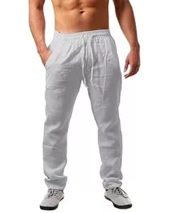 NEMXCE Hosen NEMXCE Leinenhose Herren Lang Leichte Sommerhose Herren Loose Fit Freizeithose mit Taschen Kordelzug für Urlaub Strand Yoga Alltag