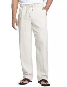 COOFANDY Hosen COOFANDY Herren Leinenhose mit Kordelzug Leicht Sommerhose Yogahose Seitetasche Strandhose Herren Hose Lang Männer Lounge-Hose Weiß L