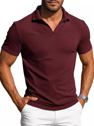 Runcati Poloshirts Runcati Herren Poloshirt Kurzarm V-Ausschnitt T-Shirt Strick Slim Fit Polohemd Sommer Einfarbig Golf Shirts Freizeit Stretch Oberteile