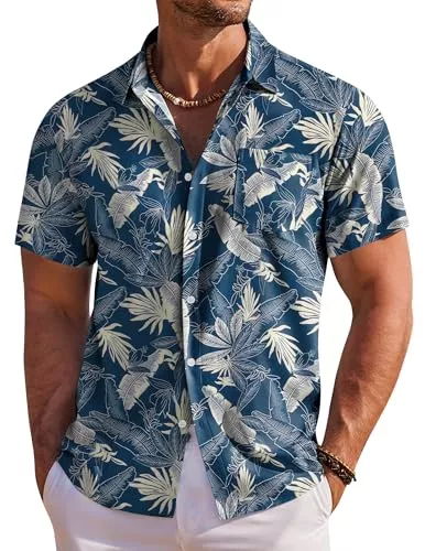 COOFANDY Hemden COOFANDY Hawaii Hemd Männer Kurzarm Sommerhemd Hawaiihemd Herren Urlaubshemd Blumen Strand Hemd Regular Fit Blau-Blatt M
