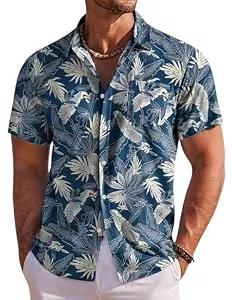 COOFANDY Hemden COOFANDY Hawaii Hemd Männer Kurzarm Sommerhemd Hawaiihemd Herren Urlaubshemd Blumen Strand Hemd Regular Fit Blau-Blatt M