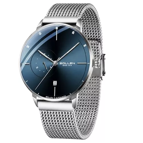 SOLLEN Uhren SOLLEN Minimalistische Automatikuhren Herren,Grau Automatische Herrenuhren,Originales Mechanisches Uhrwerk,3ATM Wasserdicht Leuchtend Selbstaufzug Herrenuhr mit Kalendar,Business Armbanduhr für Männer