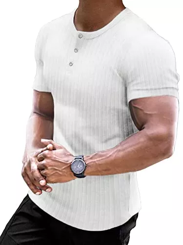 Muscle Cmdr T-Shirts Muscle Cmdr Muscle Henley Shirt Herren, Slim-fit Freizeit T-Shirt aus Baumwolle mit Kurzen Ärmeln,Schlanke Passform Geripptes Hemd Weiß/M