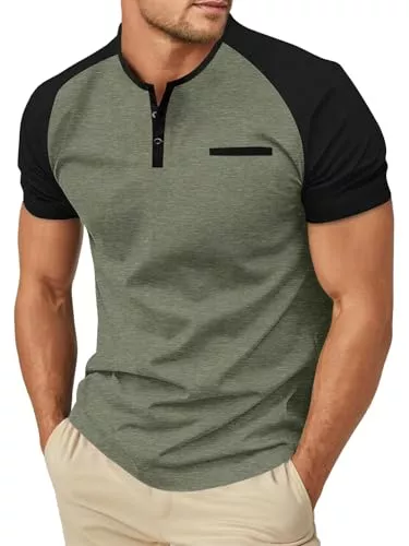PrinStory T-Shirts PrinStory Henley Herren T-Shirts Slim Fit Kurzarm Tshirt Leicht Freizeithemd Tee Shirts Mit Tasche Knopfleiste