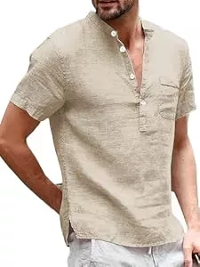 Runcati Hemden Runcati Herren Leinenhemd Henley Shirt Kurzarm, Khaki, M
