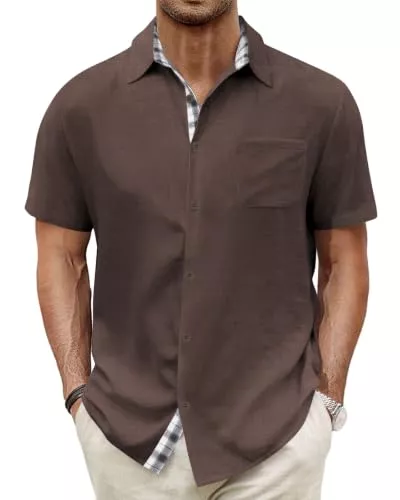 HMIYA Hemden HMIYA Herren Kurzarm Hemd 100% Baumwolle Button Down Freizeithemden Sommer Strand Regular Fit Shirt,Zartbitterschokolade,M