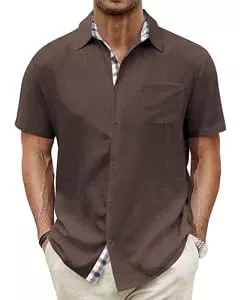 HMIYA Hemden HMIYA Herren Kurzarm Hemd 100% Baumwolle Button Down Freizeithemden Sommer Strand Regular Fit Shirt,Zartbitterschokolade,M