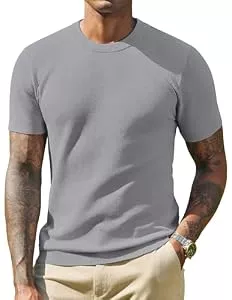 COOFANDY T-Shirts COOFANDY T Shirt Herren Strick Tshirt Männer Basic T Shirts Sommer Pullover Kurzarm T-Shirt mit Rundhals Oberteile Strickshirt Hellgrau M