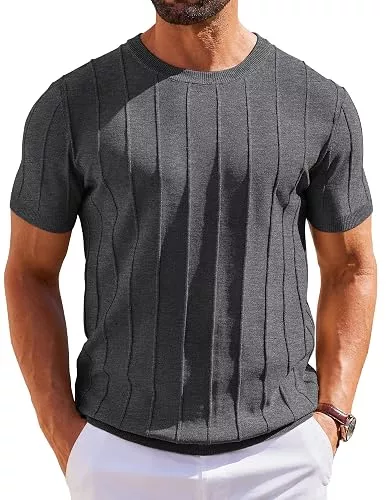 COOFANDY T-Shirts COOFANDY Herren T-Shirt Kurzarm Original Strick Shirt mit Rundhals Sommer Shirt Casual Gestreiftes Strickshirt