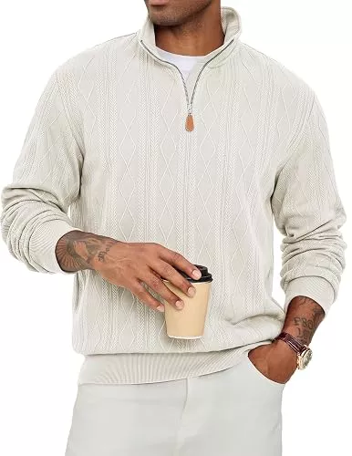 JMIERR Pullover & Strickmode JMIERR Herren Pullove Strick Half Zip Stehkragen Zopfmuster