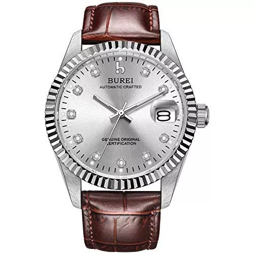 BUREI Uhren BUREI Herren Uhren Automatische Armbanduhr Kratzfestes Synthetisches Saphirglas mit Datumsanzeige Edelstahlarmband