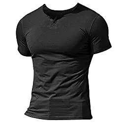 Muscle Alive T-Shirts Herren Henley Beiläufig Kurzarm T-Shirt Single Taste Knopfleiste Einfacher V-Ausschnitt Hemden Baumwolle