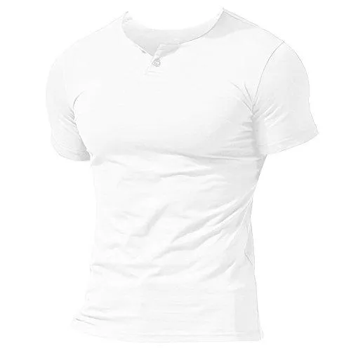Muscle Alive T-Shirts Herren Henley Beiläufig Kurzarm T-Shirt Single Taste Knopfleiste Einfacher V-Ausschnitt Hemden Baumwolle