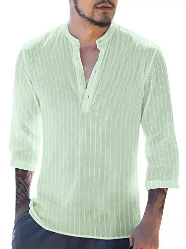 Gemijacka Hemden Gemijacka Hemd Herren Leinenhemd Herren Freizeithemd Henley 3/4 Ärmellänge Regular Fit Kragenloses Shirt