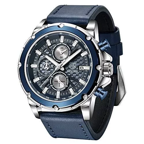 BY BENYAR Uhren BY BENYAR Herrenuhr Quarzwerk Herren Chronograph Lederarmband und wasserdichte Business Casual Schwarze Herrenuhr