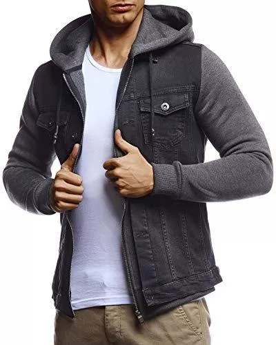 Leif Nelson Jacken Leif Nelson Herren Jeansjacke schwarz Freizeitjacke Denim Vintage Jeans Jacke für Männer mit Kapuze Slim Fit Hoodie Kapuzenjacke verwaschen Casual