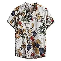 NEWISTAR Hemden NEWISTAR Leinenhemd Herren Kurzarm Relaxed-fit Henley Shirt Männer Retro Ethnische Freizeithemd Sommer Strand Gemustertes Grandad Hemd
