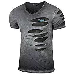 Baxboy T-Shirts Baxboy Herren Used Look Rundhals T-Shirt Kurzarm Hemd Slim Fit Design Fashion