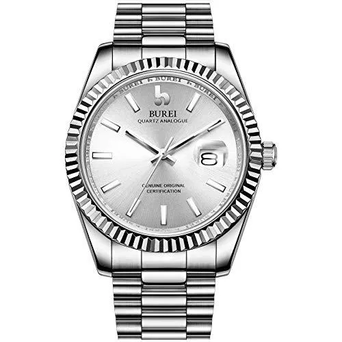 BUREI Uhren BUREI Herren Uhren Quarz Armbanduhr Datumsanzeige Saphirglas Objektiv mit Zwei Tönen Edelstahlband Uhren für Männer
