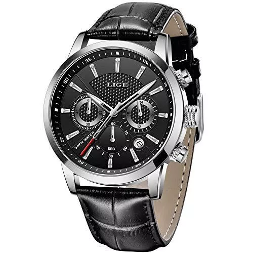 LIGE Uhren LIGE Herren Uhren Sport Wasserdicht Militäruhr Männer Multifunktions Chronograph Quarz Schwarz Armbanduhren Kalender mit Leder Armband