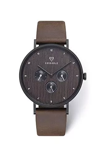 KERBHOLZ Uhren KERBHOLZ - Holzuhr für Herren - Caspar - analoge Quarz Multifunktionsuhr - Chronograph mit Ziffernblatt aus Holz - Uhr für Männer mit hochwertigem Lederarmband - Ø 42mm