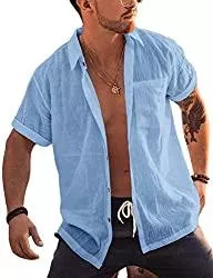 FUERI Hemden Hemd Herren Kurzarm Sommerhemd Leinen Baumwolle Umlegekragen Strandhemd Freizeit Shirts für Männer