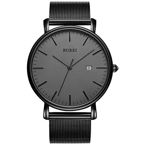 BUREI Uhren BUREI Herren Uhren Ultra Dünne Schwarze Minimalistische Quartz mit Datumsanzeige