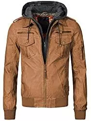 Indicode Jacken Indicode Herren Aaron Lederjacke m. Abnehmbarer Kapuze &amp; 7 Taschen | Kunstleder Herrenjacke Kurze Winterjacke warme Übergangsjacke gefütterte Winter Leder Jacke f. Männer