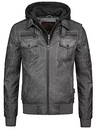 Indicode Jacken Indicode Herren Aaron Lederjacke m. Abnehmbarer Kapuze &amp; 7 Taschen | Kunstleder Herrenjacke Kurze Winterjacke warme Übergangsjacke gefütterte Winter Leder Jacke f. Männer