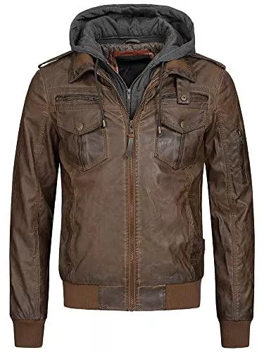 Indicode Jeans Indicode Herren Aaron Lederjacke m. Abnehmbarer Kapuze &amp; 7 Taschen | Kunstleder Herrenjacke Kurze Winterjacke warme Übergangsjacke gefütterte Winter Leder Jacke f. Männer