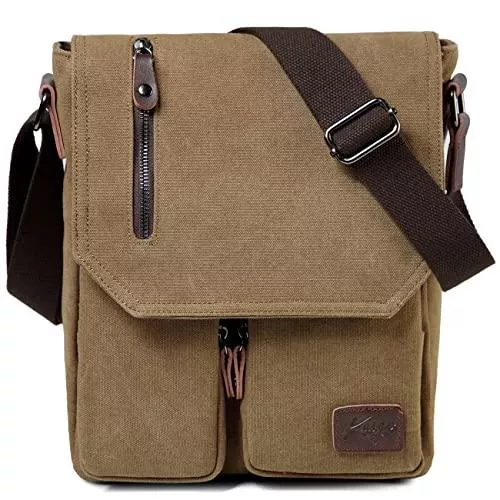Kasgo Taschen & Rucksäcke Kasgo Kleine Umhängetasche, Wasserabweisend Vintage Segeltuch Herrentasche Schultertasche Klassische Kuriertasche Herren Damen Crossbody für Arbeit Schule Khaki