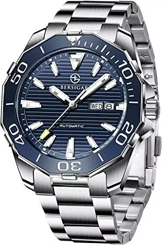 BERSIGAR Uhren Herren Automatik BERSIGAR Automatikuhr Elegant Lässig Mechanisch Armbanduhren Mit Saphirglas Datumskalender Edelstahlarmband/Silikonarmband