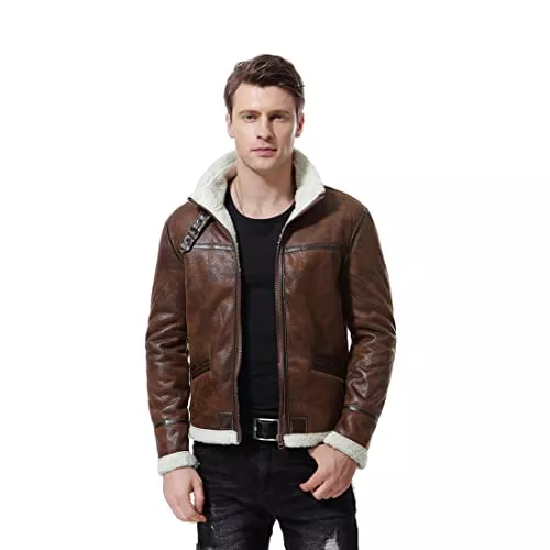 AOWOFS Jacken AOWOFS Herren Lederjacke mit Fell Kunstlederjacke mit Pelzkragen Biker Jacke für Winter