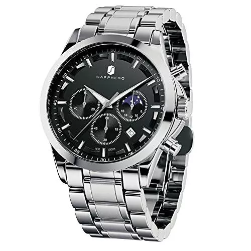 SAPPHERO Uhren Uhren Herren SAPPHERO 100M wasserdichte Armbanduhr Herren Edelstahl/Lederarmband Armband Chronograph Anti-Kratzer-Uhr Herrenuhr Silber Analoge Quarzuhr Business Casual Watch mit Date