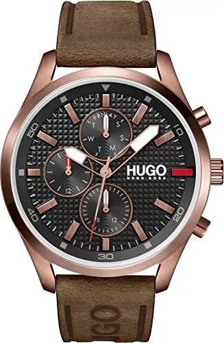 HUGO Uhren HUGO Multi Zifferblatt Quarz Uhr für Herren mit Braunes Lederarmband - 1530162