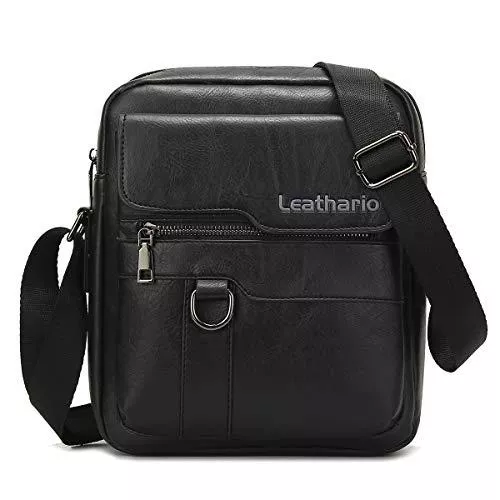 Leathario Taschen & Rucksäcke Leathario Herren Umhängetasche Klein PU Leder Schultertasche Herrentasche mit Großer Kapazität für Alltag Freizeit Arbeit Schwarz