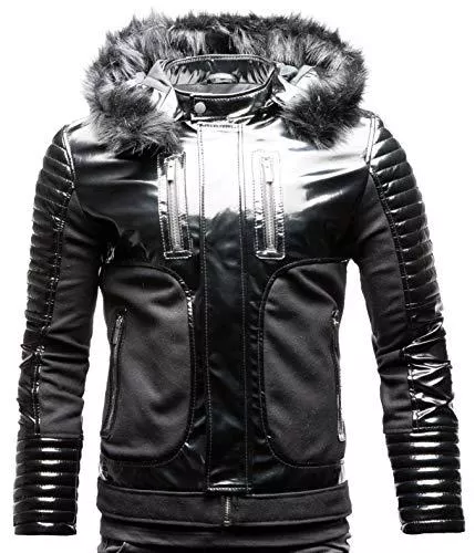 Crone Jacken Crone Corvin Herren Fellkragen Lederjacke Eco Leder Jacke mit abnehmbarem Pelzkragen