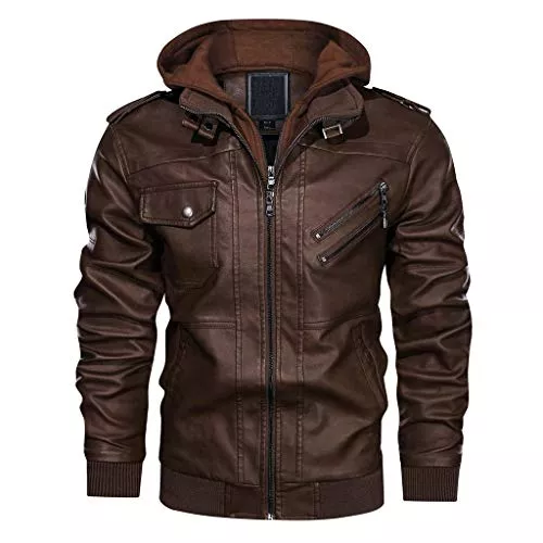 KEFITEVD Jacken KEFITEVD Herren Kunst-Lederjacke Bikerjacke mit Abnehmbarer Kapuze Übergangsjacke Vintage Bomberjacke Stylisch Herrenjacke Herbst Winter Freizeitjacke