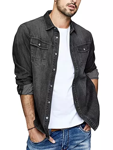 Gemijacka Jacken Gemijacka Herren Jeanshemd Langarm Regular Fit Denim Shirt Western Cowboy Freizeithemd Leicht Übergangsjacke