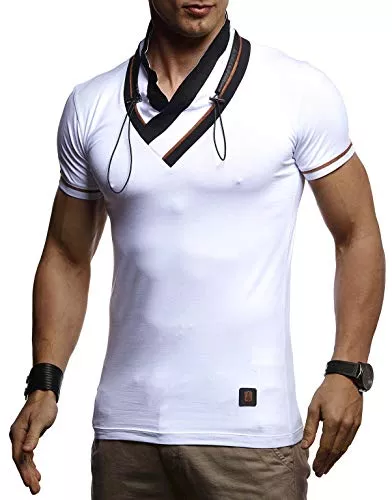 Leif Nelson T-Shirts Leif Nelson Herren Sommer T-Shirt Schalkragen Slim Fit Baumwolle-Anteil Modernes Männer Kurzarmshirt V-Neck Hoodie-Sweatshirt Kurzarm lang Weißes Jungen Shirt Longsleeve LN4860