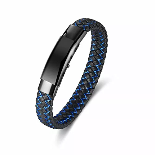 Lwkeay Schmuck Lwkeay Geschenk für Männer - Herren Armband blau schwarz - Lederarmband - Männer Armband in Farben blau und schwarz- geflochten Echtleder Breites Wickelarmband - 21cm - 22.5cm