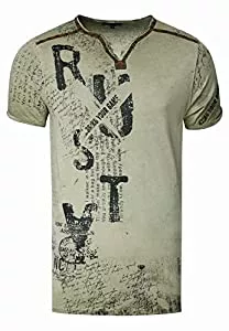 Rusty Neal T-Shirts V-Neck Herren T-Shirt Vinatage Used-Look mit Plakativem Front und Back Print Kurzarm-Shirt Wildleder-Details mit Nieten-Verlauf 289