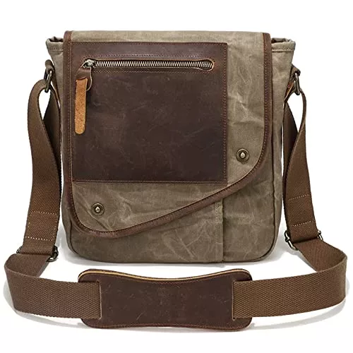 Happyplus1 Taschen & Rucksäcke Herren Arbeit Umhängetasche Schultertasche, Herren Vertikale Umhängetasche Vintage Echtes Leder Öl Wachs Leinwand Crossbody Tasche Casual Umhängetasche Business Bag Tägliche Geldbörse Classic Business