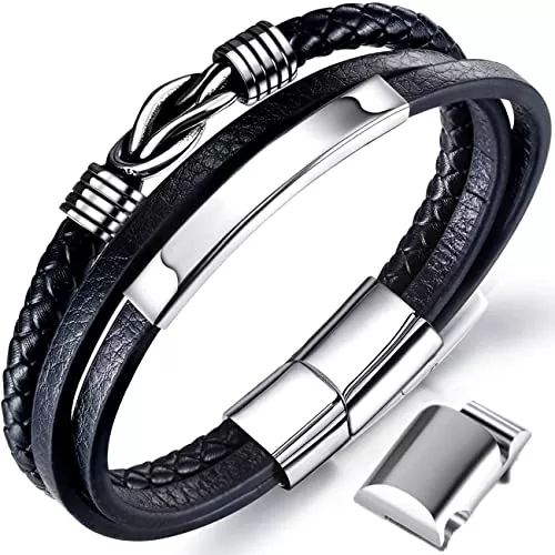 Gkmamrg Schmuck Gkmamrg Männer Armband Leder Armreif schwarz Lederband für Herren, geflochten Echtleder Breites Lerderarmband Wickelarmband mit Magnet Verschluss (Lederarmband mit Extra Glieder)