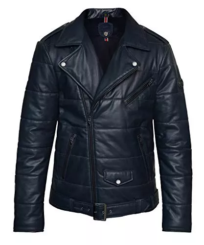 Blueorn Jacken Blueorn ZALE Herren Lederjacke aus Weichem Lammleder - Steppjacke im Bikerstil - Bikerjacke Übergangsjacke mit Reversekragen - Echtes Leder Blau