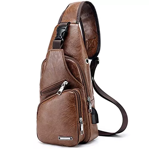 Aucuu Taschen & Rucksäcke Aucuu Sling Bag Leder Brusttasche, Anti-Diebstahl Brusttasche Kleine Schultertasche,Herren Rucksack mit USB Kabel, Vintage Crossbody Umhängetasche für Casual Outdoor Wandern Reisen - Braun