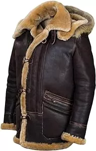 MUGUOY Jacken MUGUOY Jacket Pilot From Sheepskin Parka Art,Men's Winter Warm Fleece Lined Removable Vintage Hood Jacket Aviator Coat