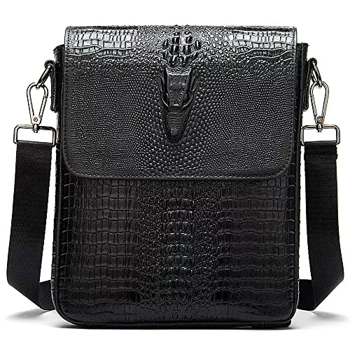 Nefli Taschen & Rucksäcke Nefli Herren Echtleder Messenger Bag Krokodil Geprägt Kleine Crossbody Bag Klassisch Klappe Umhängetasche Lässige Schultertasche für Business Arbeit Schule