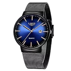 LIGE Uhren LIGE Herren-Armbanduhr, dünn, wasserdicht, Edelstahl, Mesh, minimalistisch, analog, Quarz, Armbanduhr für Männer